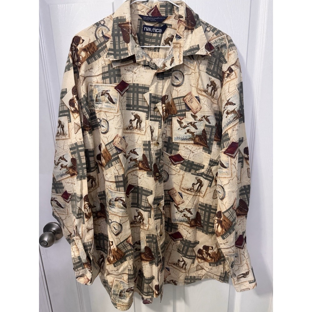 Nautica Shirt XL Hunting Fishing Dogs Ducks Plaid Long Sleeve Button Front Vtg